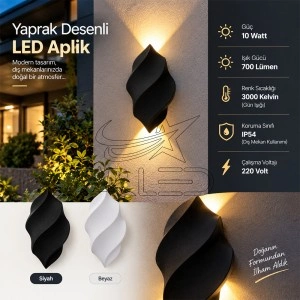 Yaprak Desenli LED Aplik 10W IP54 Siyah / Beyaz