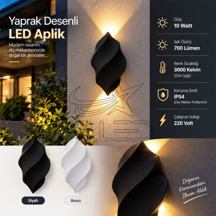 Yaprak Desenli LED Aplik 10W IP54 Siyah / Beyaz